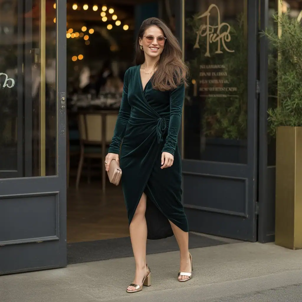 Robe portefeuille en velours bordeaux pour mariage d’hiver : tenue chic et chaleureuse