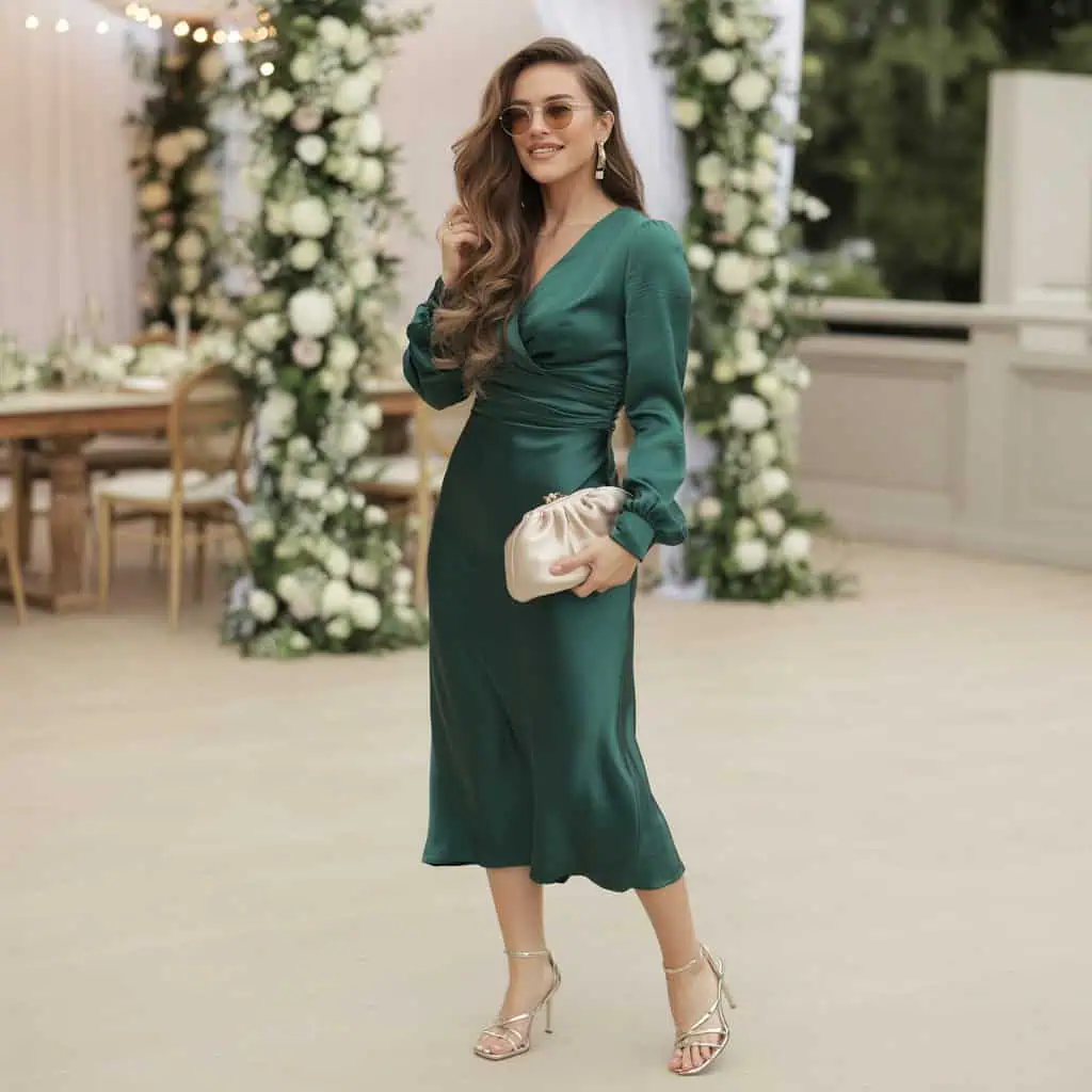 Robe midi en soie manches longues pour mariage d’hiver 2026 : look élégant et moderne