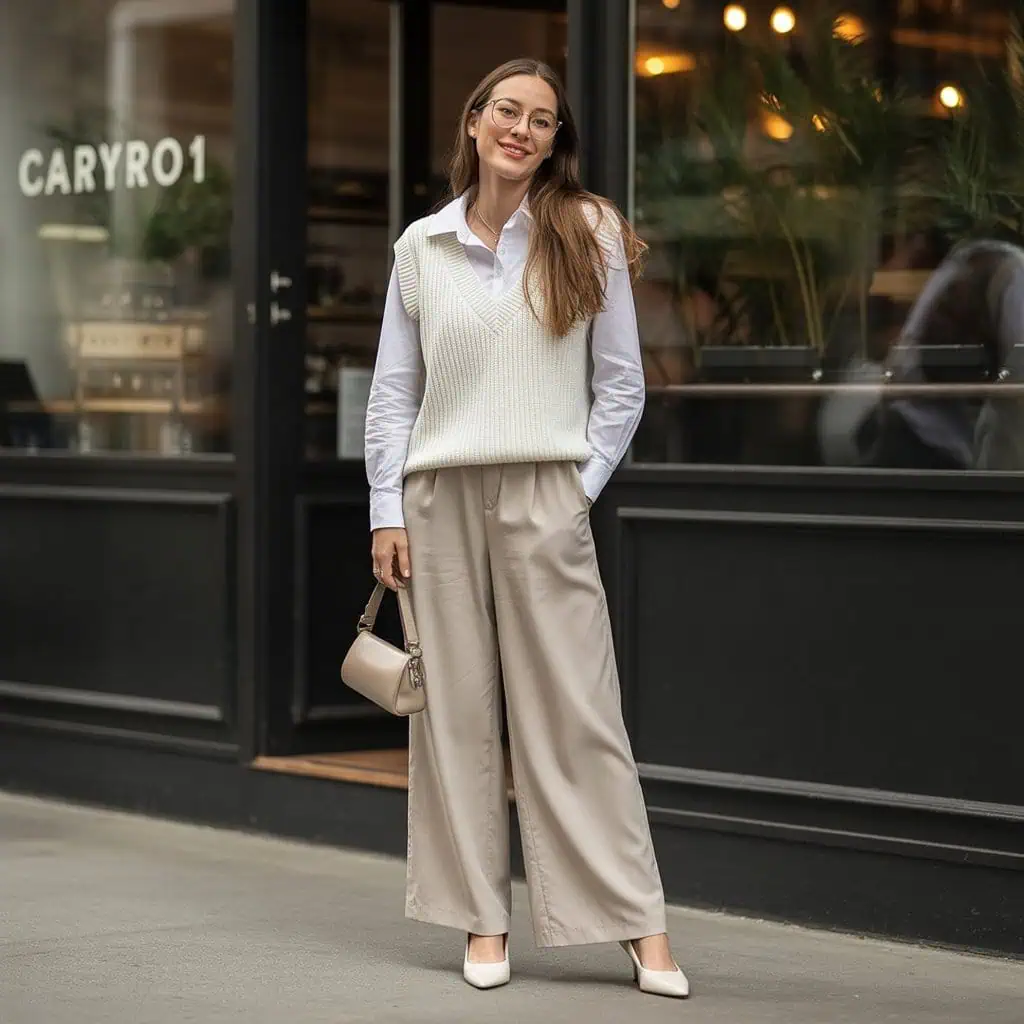 Affiner l’ajustement – astuce style Gilet blanc + chemise + pantalon large beige : tenue 2026 avec coupe parfaite