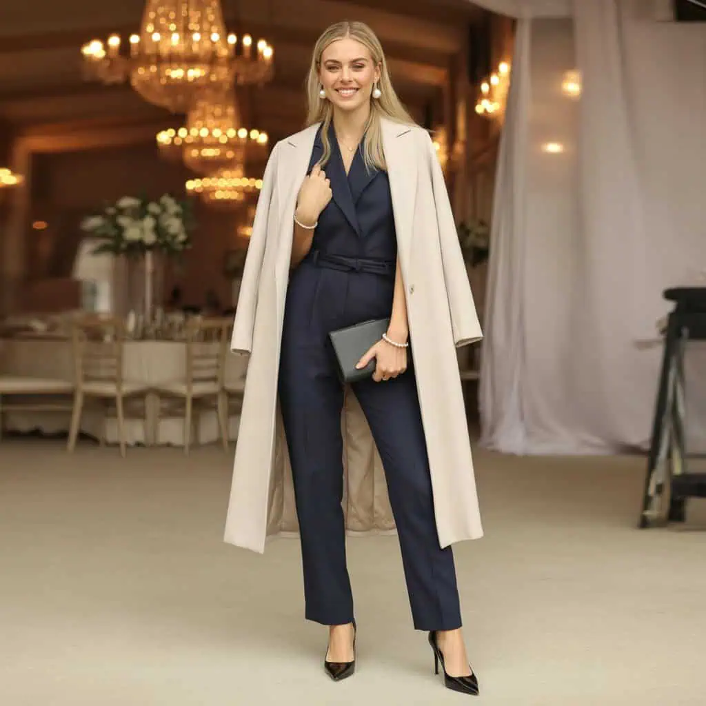Combinaison pantalon cintrée et manteau ceinturé : alternative moderne à la robe pour mariage d’hiver