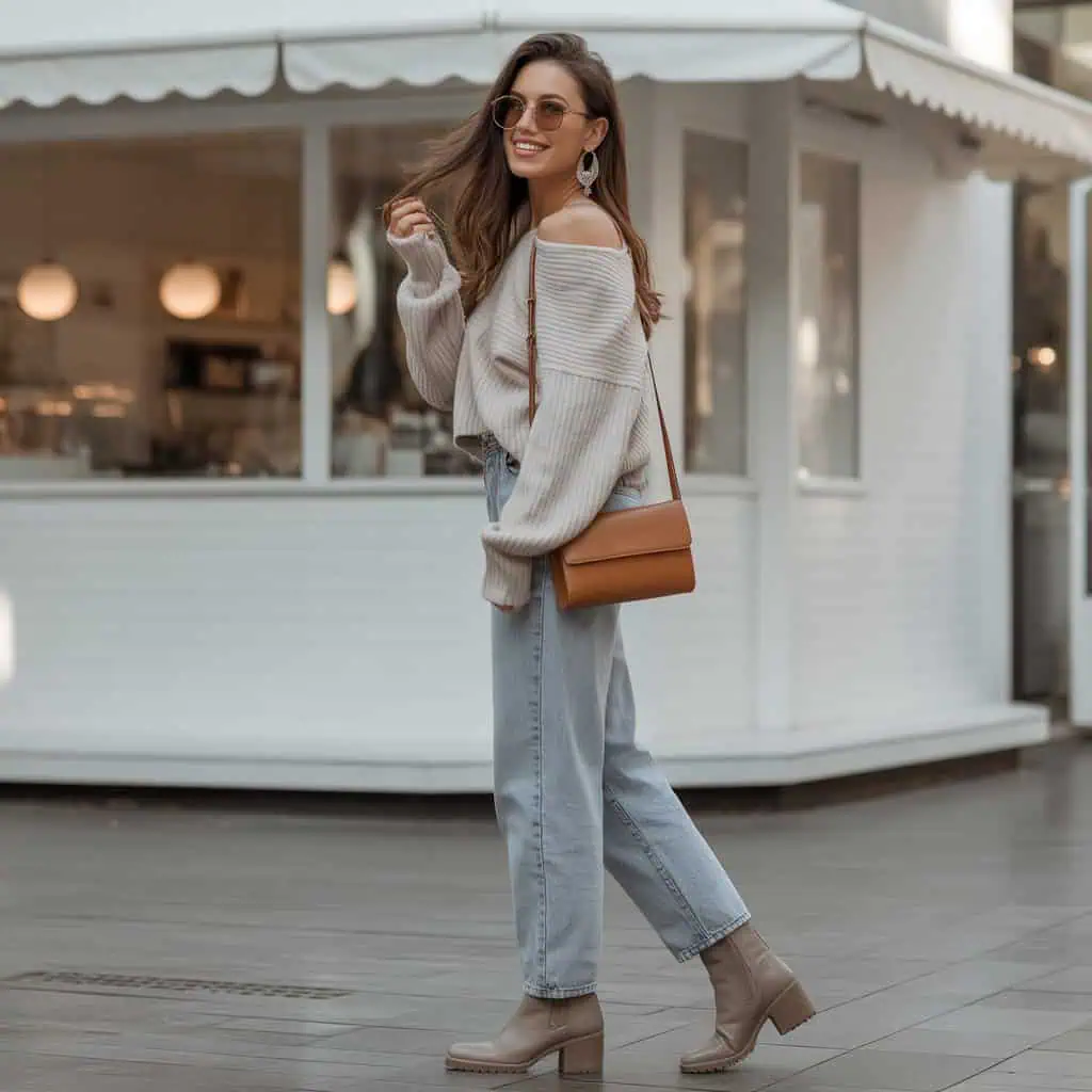 Jouer avec les textures – look 2026 Pull texturé + jean clair : jouer sur les matières pour moderniser une tenue basique en 2026