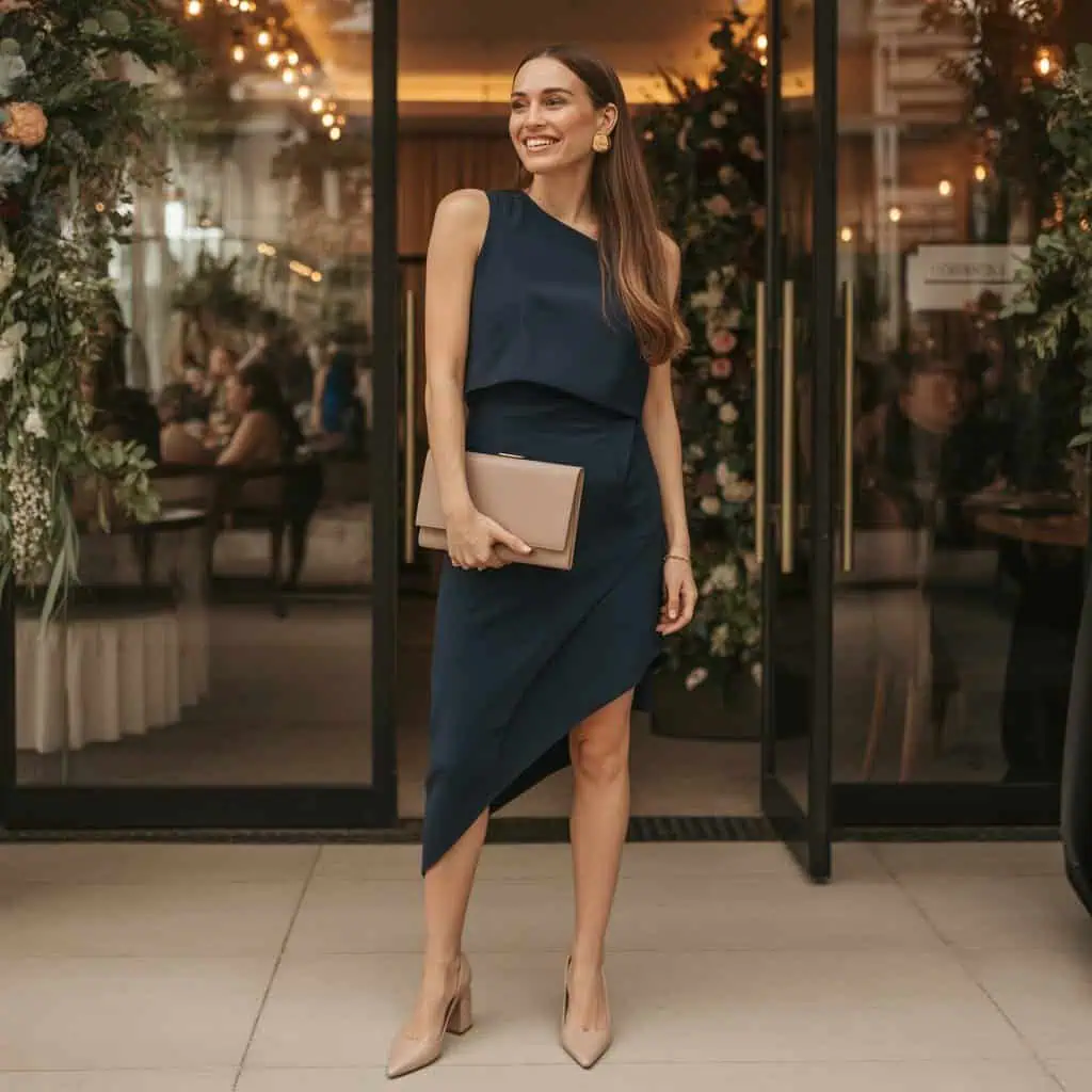 Robe bleu marine asymétrique : tenue raffinée et anti-mémère pour mariage d’hiver