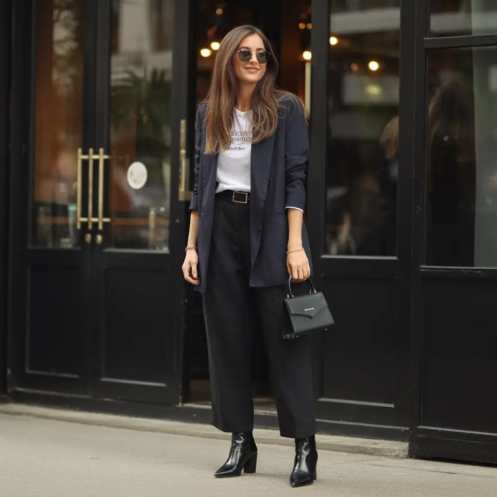 Mettre à jour les proportions – look 2026 Blazer marine + pantalon noir large : jouer sur les proportions pour moderniser une tenue en 2026