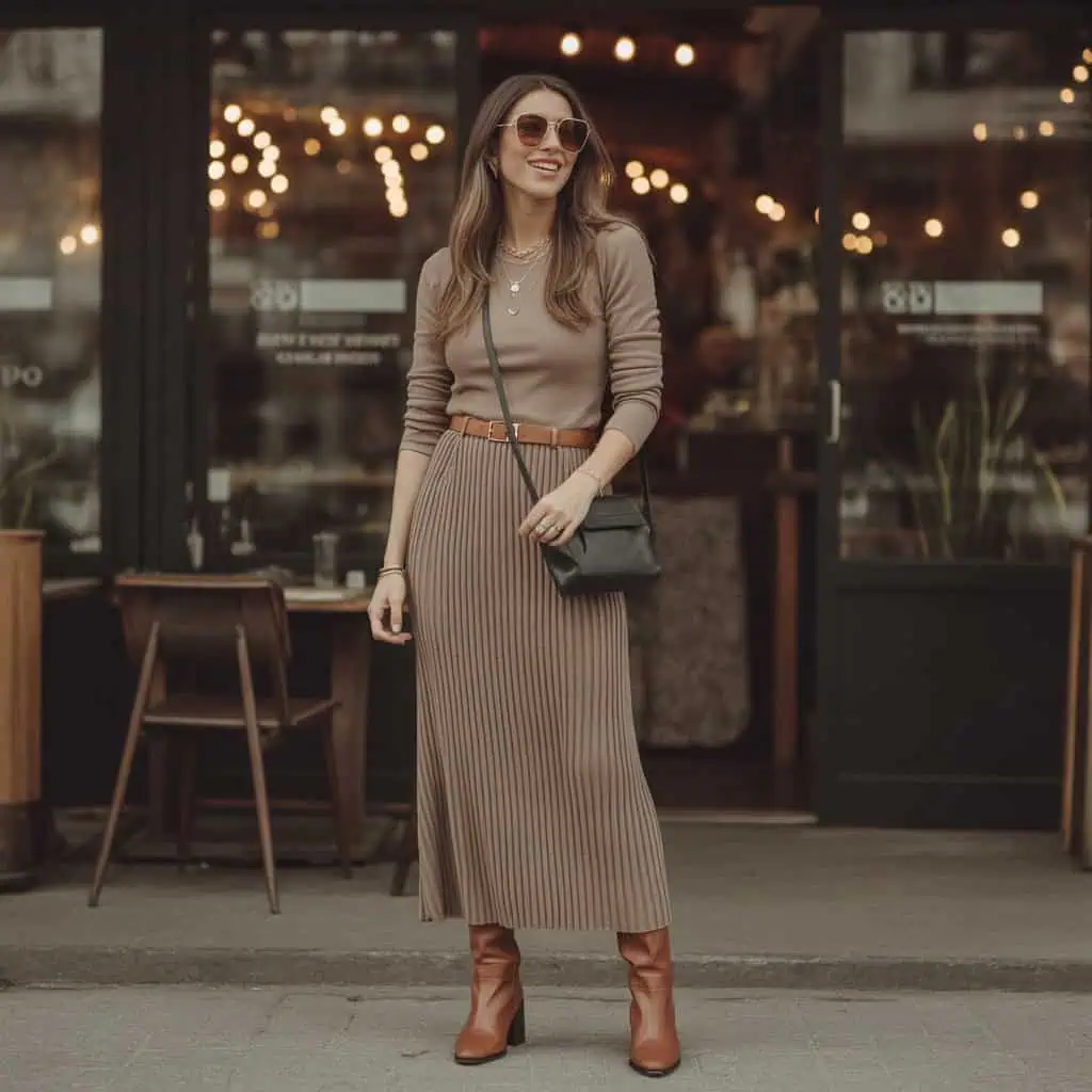 Simplifier les accessoires – astuce look Robe maille + bottes cognac : accessoires minimalistes pour moderniser une tenue 2026