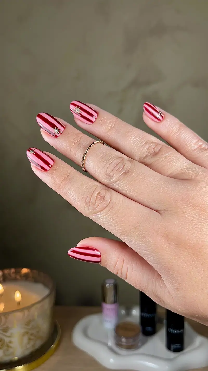 Manucure rayée rose et rouge : motif tendance 2026 graphique et chic